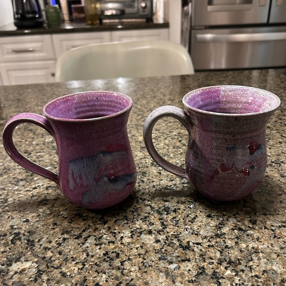 Two Purple Pottery Mugs Handmade Blue Accents Larger Handle Opening Beautiful - Picture 1 of 14